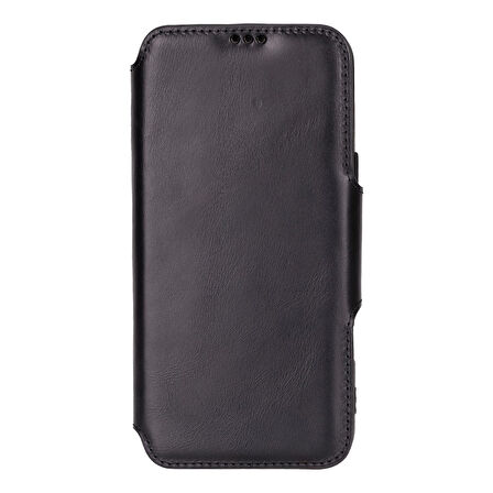 Apple iPhone 16 Pro Max uyumlu, Hakiki Deri, El Yapımı, Cüzdanlı Kılıf, Parlak Siyah