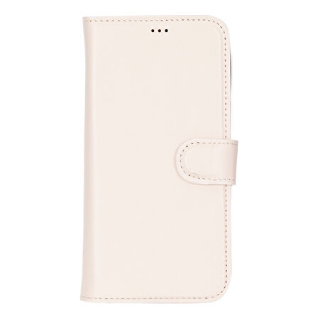 Apple iPhone 16 Pro uyumlu, Hakiki Deri, El Yapımı, Cüzdanlı Kılıf, Krem Renk