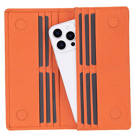 Aura Hakiki Deri, El Yapımı, Telefon Bölmeli, Kadın Cüzdanı, Portakal Renk