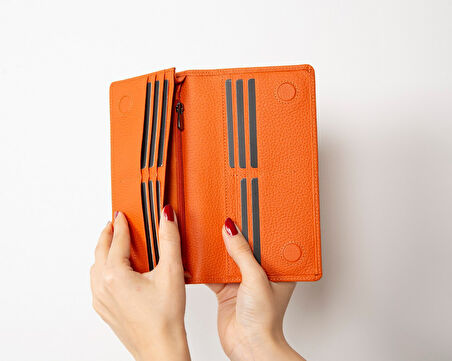 Aura Hakiki Deri, El Yapımı, Telefon Bölmeli, Kadın Cüzdanı, Portakal Renk