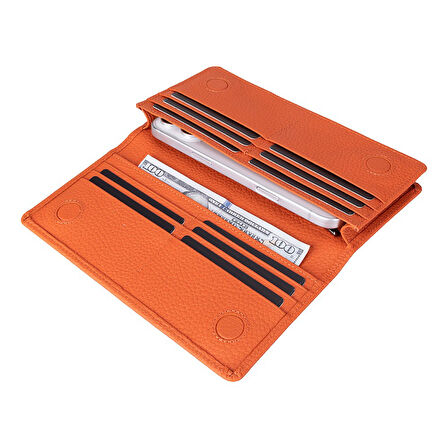 Aura Hakiki Deri, El Yapımı, Telefon Bölmeli, Kadın Cüzdanı, Portakal Renk