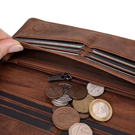 Aura Hakiki Deri, El Yapımı, Telefon Bölmeli, Kadın Cüzdanı, Antik Kahve