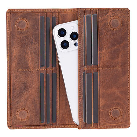 Aura Hakiki Deri, El Yapımı, Telefon Bölmeli, Kadın Cüzdanı, Açık Kahve