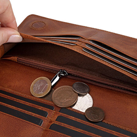 Aura Hakiki Deri, El Yapımı, Telefon Bölmeli, Kadın Cüzdanı, Açık Kahve