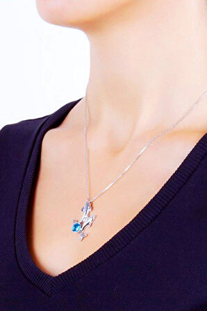 925 Ayar Pırlanta Mavi Topaz 'İkimiz' Balık Kolye (GPK0010)