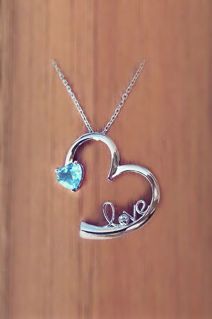 925 Ayar Mavi Topaz 'Kalbim Seninle' Pırlanta Kolye (GPK0011)