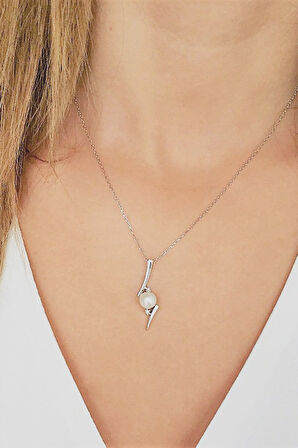 925 Ayar Altın Kaplamalı İnci Tektaş Pırlanta Kolye (GPK0030)