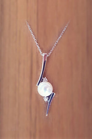 925 Ayar Altın Kaplamalı İnci Tektaş Pırlanta Kolye (GPK0030)