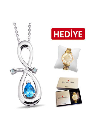 925 Ayar Damla Mavi Topaz Pırlanta Kolye (GPK0035)