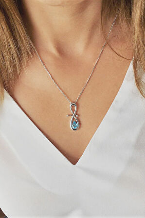 925 Ayar Damla Mavi Topaz Pırlanta Kolye (GPK0035)