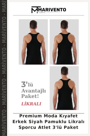 Premium Moda Kıyafet Erkek Siyah Pamuklu Likralı Sporcu Atlet 3'lü Paket