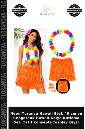 Neon Turuncu Hawaii Etek 40 cm ve Rengarenk Hawaii Kolye Kutlama Seti Tatil Konsepti Cosplay Giysi
