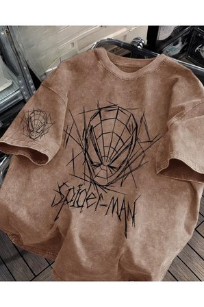 Spider Baskılı Unisex Yıkamalı Vintage Oversize T-Shirt