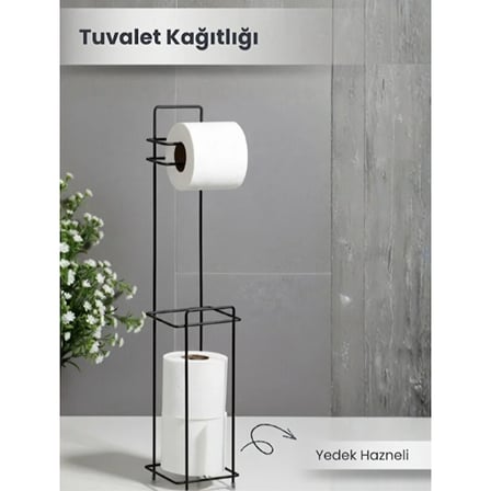 Siyah Standlı Yedek Hazneli Tuvalet Kağıtlığı