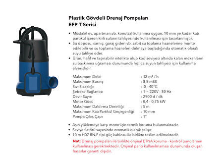 EFP-040T Plastik Gövdeli Monofaze Dalgıç Drenaj Pompası ( Flatörlü )
