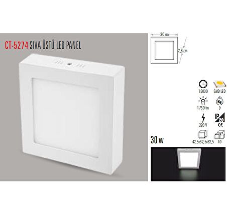 CT-5274 30W ALM. S.Ü LED ARMATÜR KARE (GÜNIŞIĞI-6ADET) CATA