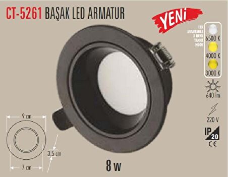 CT-5261 8W BAŞAK LED ARMATÜR (SİYAH KASA-6ADET) (3 RENK) CATA
