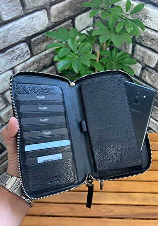 Guard Siyah Hakiki Deri Çift Fermuarlı El Çantası - GRD250816WT1371