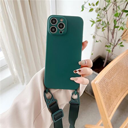 "New" Color Series - Iphone 11 Koyu Yeşil Askılı Telefon Kılıfı Seti - Silikon - Kamera Korumalı