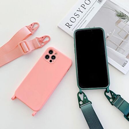 "New" Color Series - Iphone 11 Koyu Yeşil Askılı Telefon Kılıfı Seti - Silikon - Kamera Korumalı