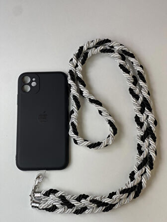 El Yapımı Örgü Telefon Boyun Askısı - Tri-color Knit v1 - Siyah Gri