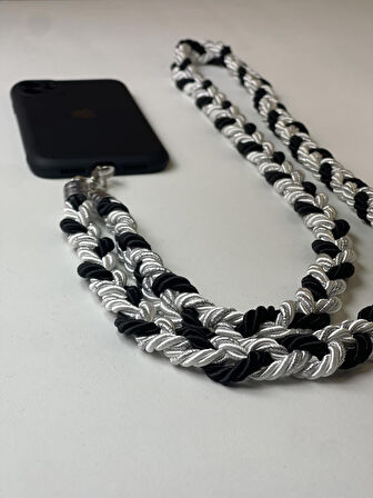 El Yapımı Örgü Telefon Boyun Askısı - Tri-color Knit v1 - Siyah Gri