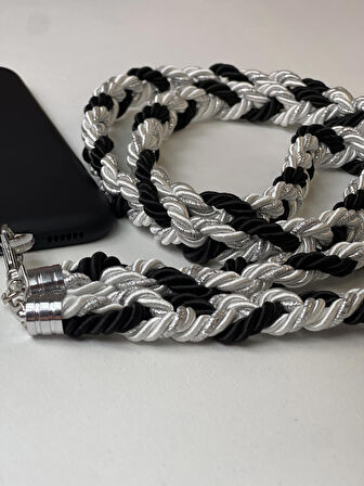 El Yapımı Örgü Telefon Boyun Askısı - Tri-color Knit v1 - Siyah Gri