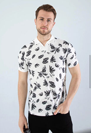 Erkek Slim Fit Kesim Yaprak Desenli Dijital Baskılı Y Yaka Pamuklu Likralı Yakalı Kısa Kol T-Shirt