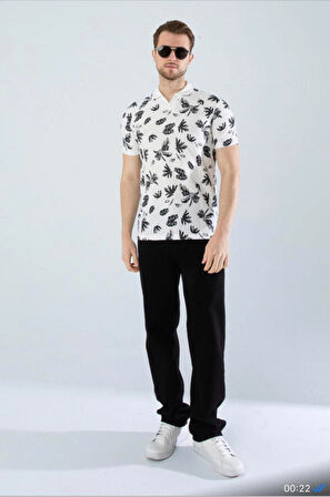 Erkek Slim Fit Kesim Yaprak Desenli Dijital Baskılı Y Yaka Pamuklu Likralı Yakalı Kısa Kol T-Shirt