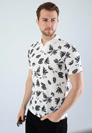 Erkek Slim Fit Kesim Yaprak Desenli Dijital Baskılı Y Yaka Pamuklu Likralı Yakalı Kısa Kol T-Shirt