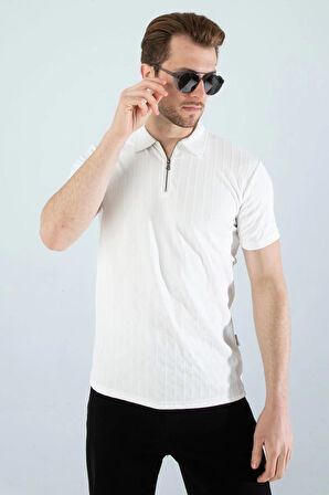 Gardolap VIP Giyim Erkek Slim Fit Likralı Yarım Fermuarlı Polo Yaka Dikine Çizgi Desenli Pamuklu Likralı Kısa Kol T-Shirt