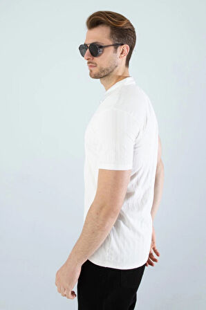 Gardolap VIP Giyim Erkek Slim Fit Likralı Yarım Fermuarlı Polo Yaka Dikine Çizgi Desenli Pamuklu Likralı Kısa Kol T-Shirt