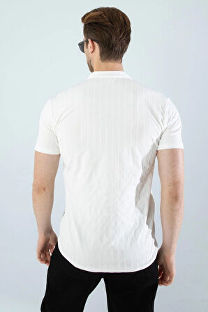 Gardolap VIP Giyim Erkek Slim Fit Likralı Yarım Fermuarlı Polo Yaka Dikine Çizgi Desenli Pamuklu Likralı Kısa Kol T-Shirt