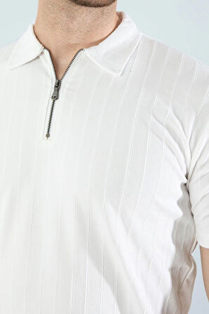 Gardolap VIP Giyim Erkek Slim Fit Likralı Yarım Fermuarlı Polo Yaka Dikine Çizgi Desenli Pamuklu Likralı Kısa Kol T-Shirt