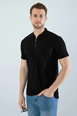 Gardolap VIP Giyim Erkek Slim Fit Likralı Yarım Fermuarlı Polo Yaka Dikine Çizgi Desenli Pamuklu Likralı Kısa Kol T-Shirt