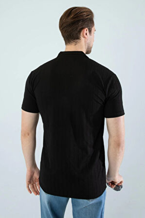 Gardolap VIP Giyim Erkek Slim Fit Likralı Yarım Fermuarlı Polo Yaka Dikine Çizgi Desenli Pamuklu Likralı Kısa Kol T-Shirt