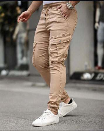 Erkek Slim Fit Full Likralı Bel ve Paça Lastikli Kargo Cep Pantolon