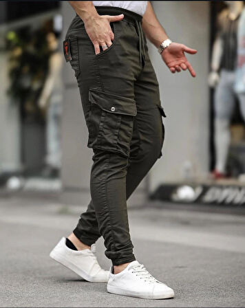 Erkek Slim Fit Full Likralı Bel ve Paça Lastikli Kargo Cep Pantolon