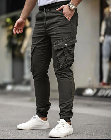 Erkek Slim Fit Full Likralı Bel ve Paça Lastikli Kargo Cep Pantolon