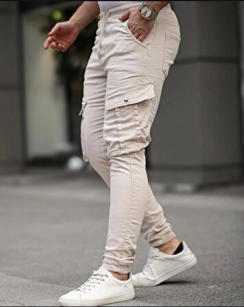 Erkek Slim Fit Full Likralı Bel ve Paça Lastikli Kargo Cep Pantolon