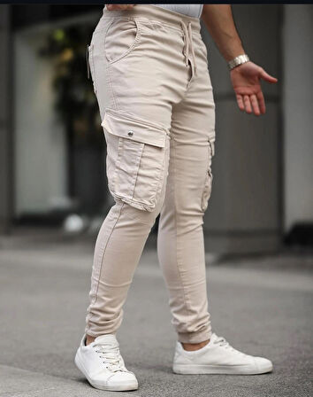 Erkek Slim Fit Full Likralı Bel ve Paça Lastikli Kargo Cep Pantolon