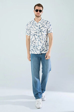 Gardolap VIP Giyim Erkek Slim Fit Kesim Çapa Desenli Dijital Baskılı Apaş Yaka Pamuklu Kısa Kol Gömlek