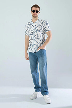 Gardolap VIP Giyim Erkek Slim Fit Kesim Çapa Desenli Dijital Baskılı Apaş Yaka Pamuklu Kısa Kol Gömlek