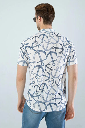 Gardolap VIP Giyim Erkek Slim Fit Kesim Çapa Desenli Dijital Baskılı Apaş Yaka Pamuklu Kısa Kol Gömlek