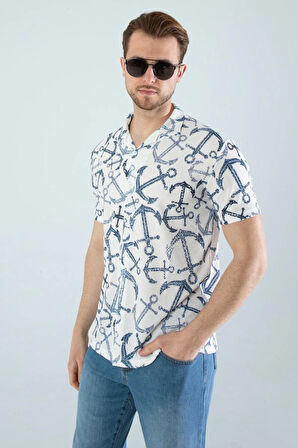 Gardolap VIP Giyim Erkek Slim Fit Kesim Çapa Desenli Dijital Baskılı Apaş Yaka Pamuklu Kısa Kol Gömlek