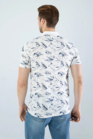 Erkek Slim Fit Kesim Yaprak Desenli Dijital Baskılı Y Yaka Pamuklu Likralı Yakalı Kısa Kol T-Shirt