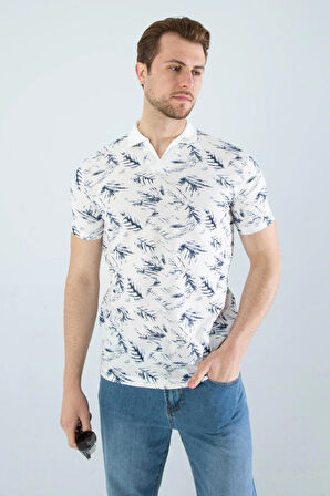 Erkek Slim Fit Kesim Yaprak Desenli Dijital Baskılı Y Yaka Pamuklu Likralı Yakalı Kısa Kol T-Shirt