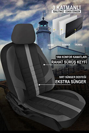 Renault Express  Uyumlu 5 KOLTUK TAM SET SİNOP SERİSİ VELUR KUMAŞ OTO KOLTUK KILIFI KOKMA TERLETME YAPMAZ SİYAH