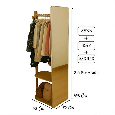 Doğal Kayın Ahşap Ayna Askılık Raf | 3 Fonksiyonlu Portmanto | Sağlam ve Estetik (163 Cm-40 Cm- 42 Cm)