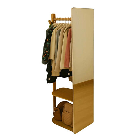 Doğal Kayın Ahşap Ayna Askılık Raf | 3 Fonksiyonlu Portmanto | Sağlam ve Estetik (163 Cm-40 Cm- 42 Cm)